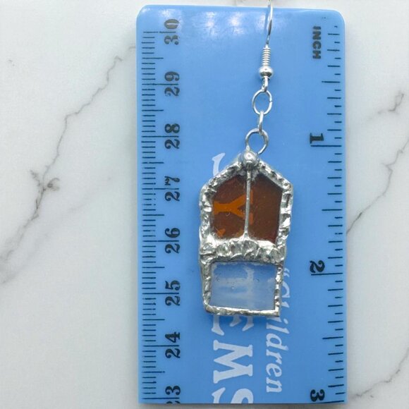 Amber & Clear Stained Glass Dangle Artisan Earrings W/ Silver Solder & 925 Hooks - Picture 4 of 15